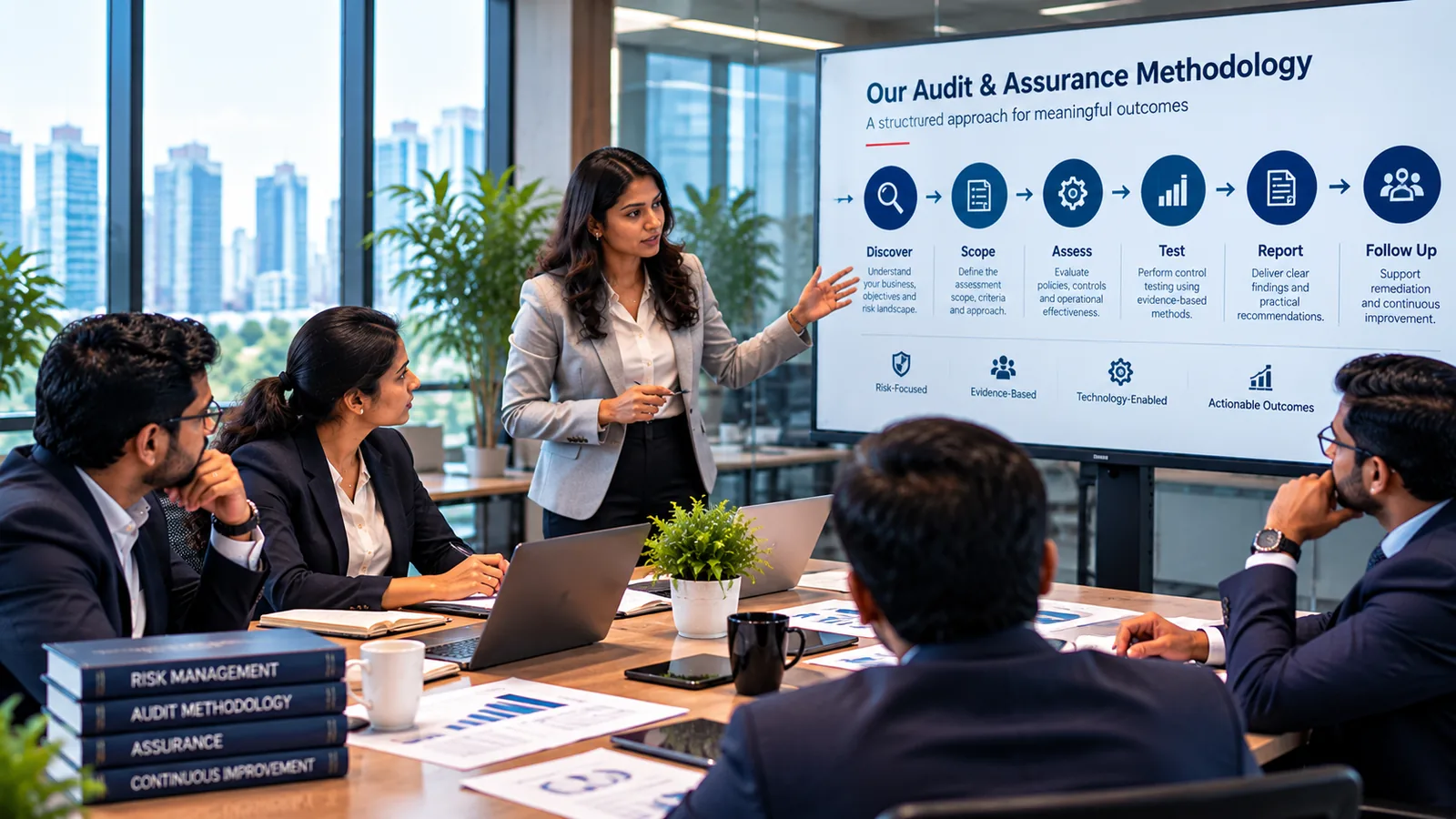 Auditor presenting a structured audit and assurance methodology