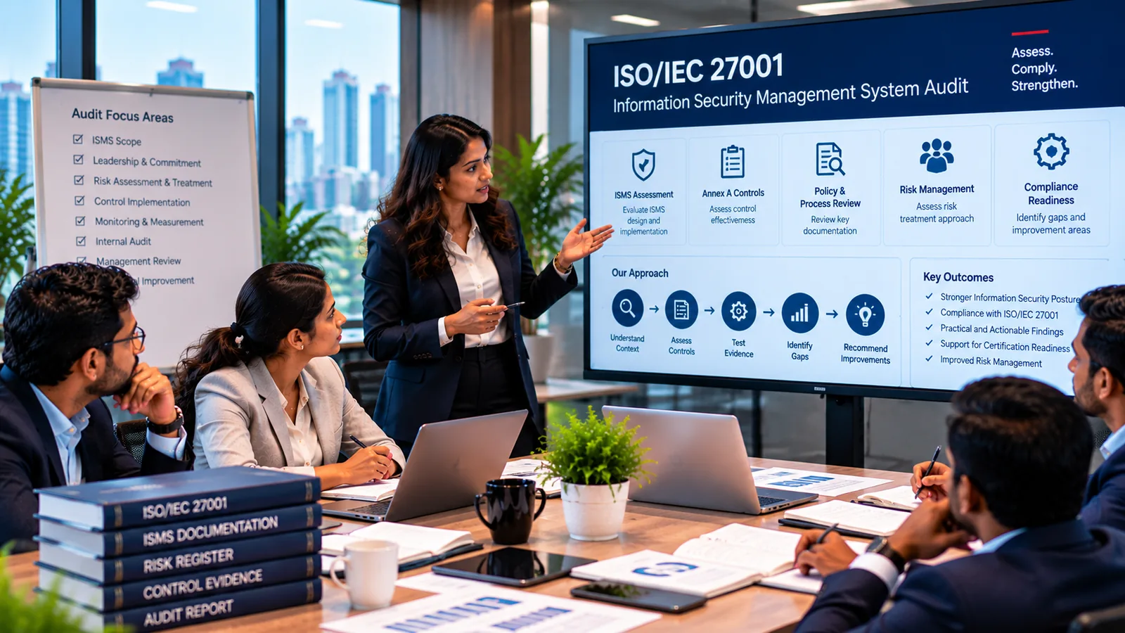 Audit team reviewing an ISO/IEC 27001 information security management system