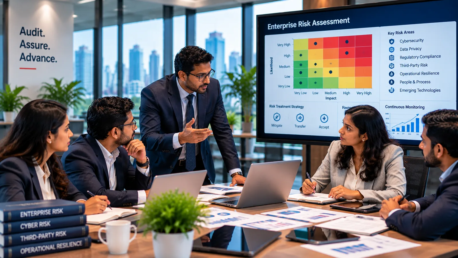Risk assessment workshop reviewing an enterprise risk heat map