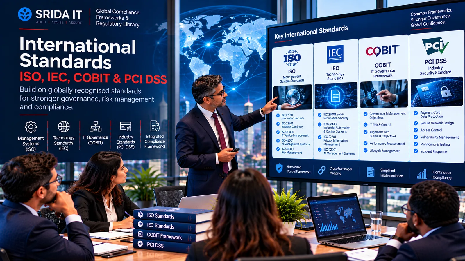International standards briefing — ISO, IEC, COBIT and PCI DSS (conceptual illustration)