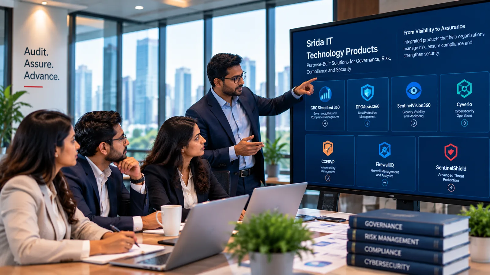 Team presenting the Srida IT technology product portfolio